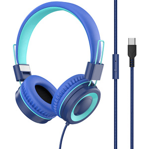 Auriculares ajustables con cable sobre la oreja, con micrófono, sonido estéreo, color azul, para uso con teléfono móvil, control de botones, ajuste de volumen - Product Image 2