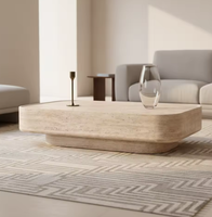 Table basse rectangulaire moderne convertible en pierre, plateau en travertin sculpté, base sculptée – Durable, haute qualité, pour salon et maison