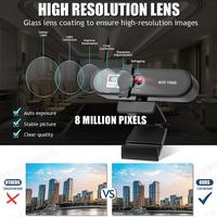 Webcam 4K HD Penuh dengan Mikrofon, Kamera Web 4K untuk Komputer PC Laptop Mac YouTube Skype Video 4K
