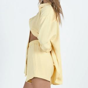 Conjunto Casual de Lino para Mujer OEM, Nuevo Estilo, Camisa y Pantalones Cortos Lisos con Decoración de Botones, Tela de Lona de Algodón, Gran Venta - Product Image 2