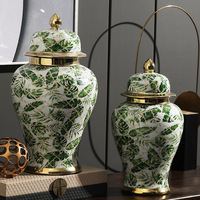 Vase décoratif en céramique de style chinois, pot à gingembre en porcelaine, motif feuille, accent doré pour salon et entrée