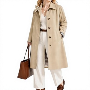 Manteau long élégant pour femme, beige uni, manches longues, col à revers, fermeture boutonnée, vêtement d'extérieur pour l'automne - Product Image 1