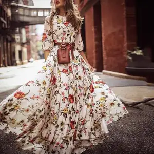RS681 оптовая продажа, одежда, летние платья с длинным рукавом, богемное бальное платье в стиле бохо, Платья с цветочным принтом, элегантные женские платья в стиле ампир