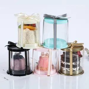 2 Inches Clear Round Dessert Packaging Box PET Plastic Bakery Mini Dome Cake Box With Ribbon