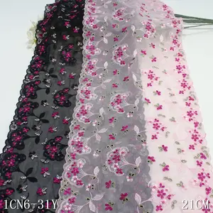 Kadınlar için romantik naylon örgü fantezi çiçek streç nakış delikli dantel Trim sutyen elbise