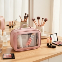 Étui cosmétique personnalisé avec logo, fermeture éclair en PVC, étanche, pour le voyage, rangement des produits de soin de la peau, poignée en PU, trousse de toilette, sac à maquillage