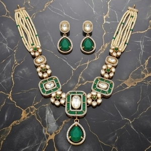 925 <b>Silver</b> Pendant Set for Women Traditional Indian Jewelry Green White Beads Kundan Work Necklace Earring Set - Product Image 5