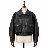 Jaket Bomber Wanita Kulit Nappa Asli Hitam, Pendek, Kasual, Anti Angin, Polos, Berwarna, Model Zip-Up, Saku Lipat