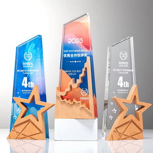 Trophée en cristal UV <span class=keywords><strong>personnalisé</strong></span> HBL avec impression couleur intégrale et gravure, base en bois, cadeau d'affaires avec étoile - Product Image 1