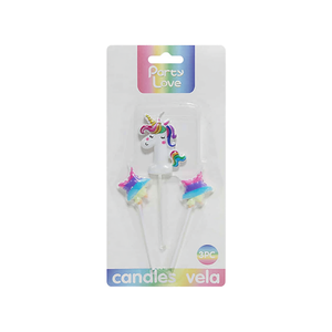 Bougies d'anniversaire licorne Party Love, lot de 3 avec étoiles, 6 cm, pour décorations de gâteaux - Product Image 1