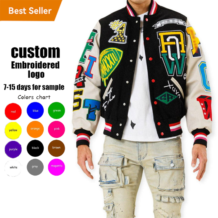 High Quality Custom Street Wear Logo Patch Baseball Jacket Trucker Letterman Base Ball Leather Varcity Varsity Jacket For Men