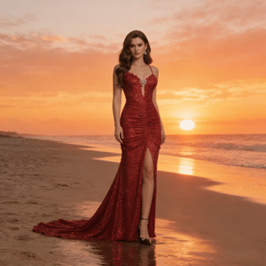 Best-selling <strong>Red</strong> <strong>Sequined</strong> Floor-Length Bodycon Dress Anti-Wrinkle 100% Polyester Heart-shaped Openwork Pleated Waist Elegant - Product Image 4