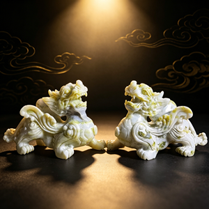 Paire de figurines <span class=keywords><strong>Pixiu</strong></span> en jade naturel sculptées à la main, Feng Shui, pour la décoration de la maison et du bureau, ornement de protection de la prospérité - Product Image 6