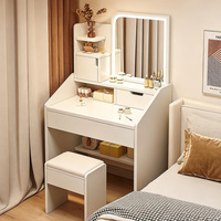 Table de maquillage LED nordique avec miroir et tabouret rembourré, armoire de rangement multifonction, coiffeuse compacte pour chambres à coucher