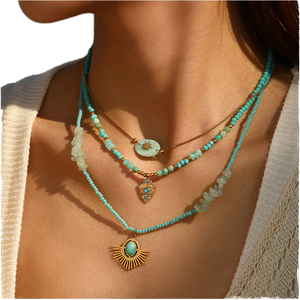 Tarnish-Free <strong>Boho</strong> Stainless Steel Snake Chain Choker Trendy Natural Amazonite Beads Stacking <strong>Necklace</strong> with Diamond Main Stone - Product Image 1