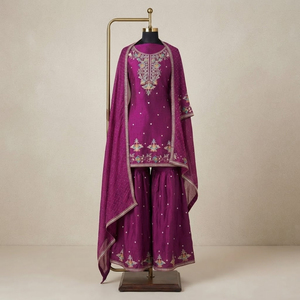 Conjunto de Kurti de seda morada bordada para mujer, con pantalón Sharara de pierna ancha y Dupatta a juego, ropa étnica india para fiestas. - Product Image 1