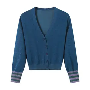 Sweater Cardigan wanita, Sweater rajutan warna Solid tipis leher V lengan panjang 2023