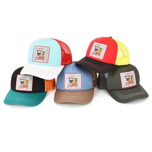 Gorra de beisebol unissex com 5 painéis, chapéu de espuma de malha, logotipo bordado personalizado de alto perfil, boné de caminhoneiro para homens lisos