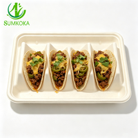 SUMKOKA 245mm Plateau de service pour tacos en pulpe de bagasse de canne à sucre sans PFAS, micro-ondable, 3 cavités, compostable