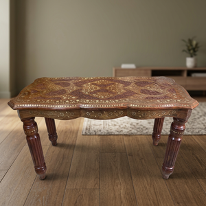 Mesa de centro antigua de madera de Sheesham con detalles en latón, mesa central de madera hecha a mano para la sala de estar, decoración de interiores del hogar - Product Image 1