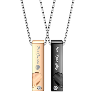 Amant Couple Pendentif Carré Nom Collier Bande Noire Son Roi Sa Reine Lettre Pendentif En Acier Inoxydable Collier Pour Hommes Femmes - Product Image 1