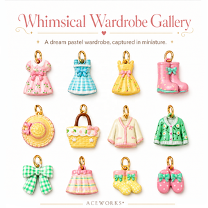 Whimsical Wardrobe Gallery | 18K Gold Plated Brass Pastel Charm Pendant: Dress Boot Hat Basket Bag Cardigan <b>Bow</b> Skirt Socks Coat - Product Image 1
