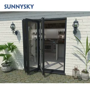 Sunnysky thermische zweiflügelige falttüren aluminium falttür terrasse außenbereich aluminium zweiflügelige glastür mit grill-design