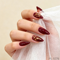 Faux ongles à presser rouge bordeaux avec feuille d'or, forme stiletto et amande, faits à la main, marque privée, vente en gros