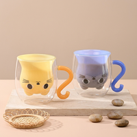 Vente en gros de tasses à café en verre à double paroi mignonnes, en forme de chat 3D, résistantes à la chaleur, avec poignée