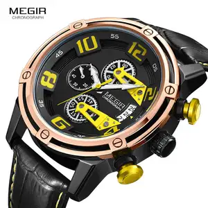 Megir 2078新款男士石英运动手表皮革防水计时发光手表男士手表