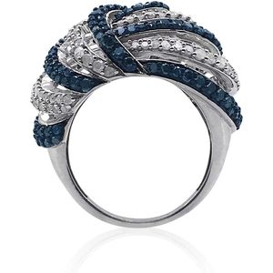 Anillo de cóctel ancho de plata de ley con diamante natural blanco y azul de talla redonda, joyería geométrica para fiesta, para mujer - Product Image 2