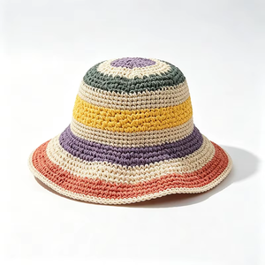 Colorful Rainbow Striped Handmade Crochet Sun Hat Unisex Hollow-Woven Casual Fisherman Bucket Hat UV-Protection Outdoor Daily - Product Image 4