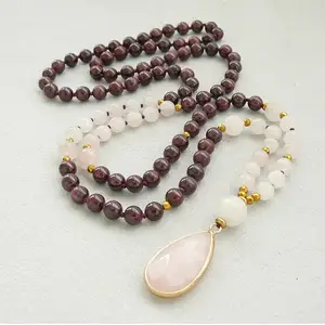 Gemstone Garnet 108 Mala Beaded Necklace for Women 8mm Red Garnet Rose Quartz Pendant Necklace Yoga Gift for Women Girls