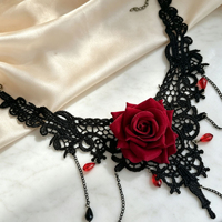 Ensemble collier ras-de-cou et bracelet en dentelle noire avec rose rouge gothique vintage pour femme, style sombre, bijoux pour fête et cosplay