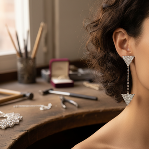 Blanco CZ piedra doble triángulo diseño 925 pendientes largos al por mayor turco hecho a mano 925 plata esterlina joyería fina - Product Image 3