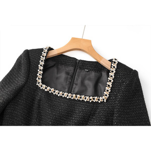 2025 elegante abito da sera da donna nero con collo quadrato in vita-abito Casual a <span class=keywords><strong>maniche</strong></span> <span class=keywords><strong>lunghe</strong></span> floreale di alta qualità decorato con perle - Product Image 4