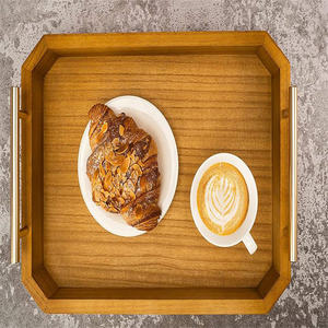 Compre bandeja de servicio de madera a precio de fábrica Bandeja de madera de acacia con mango de metal para el hogar - Product Image 4