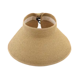 재고 여성 휴대용 종이 밀짚 바이저 모자 태양 비치 와이드 브림 모자 Airtop 바이저 접이식 밀짚 모자