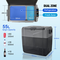 Réfrigérateur de voiture portable à triple tension, design sportif, 55L, double zone, compresseur, boîte de refroidissement compacte, congélateur pour le camping