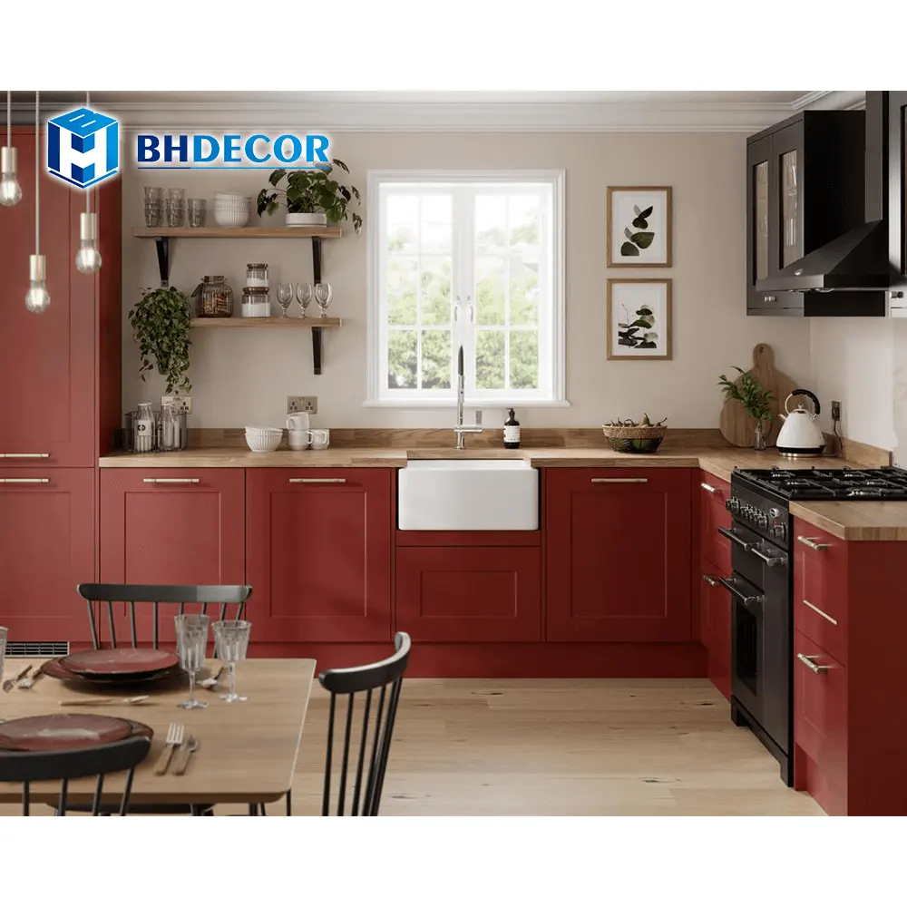 Tủ bếp màu đen và đỏ trang trại Shaker tủ bếp tủ