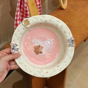 Plato de Cerámica Lelyi con Diseño de Oso Pequeño y Flor Triste, Estilo Caricatura, Creativo, de Alta Calidad, Hecho a Mano, Irregular, para Ensaladas - Product Image 6
