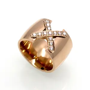 Joyería de alta calidad CNC para mujer, anillo ancho de acero inoxidable pulido con letras X Cruz de circón