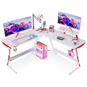 <span class=keywords><strong>Escritorio</strong></span> de juegos blanco en <span class=keywords><strong>forma</strong></span> de <span class=keywords><strong>L</strong></span>, mesa de juegos con superficie de fibra de carbono, <span class=keywords><strong>escritorio</strong></span> de computadora de esquina con portavasos, gancho para auriculares - Product Image 1