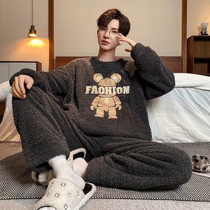 Conjunto de <span class=keywords><strong>Pijama</strong></span> de Felpa Suave para <span class=keywords><strong>Hombre</strong></span>, Cuello Redondo, Manga Larga, Talla Grande, Ropa de Dormir para Invierno - Product Image 5