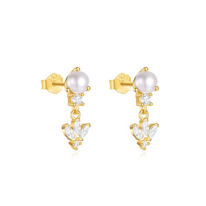 Boucles d'oreilles en argent sterling S925 plaqué or 18 carats avec perles et cristaux de zircon pour filles - Product Image 6