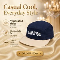 Casquette de camping à 5 panneaux en polyester bicolore à visière plate avec découpe laser latérale et logo imprimé, idéale pour le kayak, la randonnée et les activités de plage