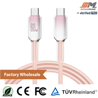 Câble USB Type C 60W 1M, cordon de charge rapide PD, design flexible en cristal, accessoires pour téléphone, vente en gros