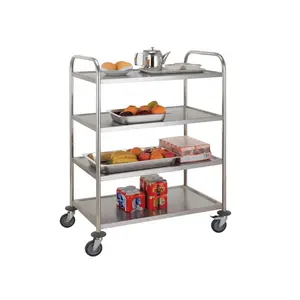 Carrito de servicio de cocina de acero inoxidable para venta de hoteles, tubo redondo estándar, 4 neumáticos, bandeja de servicio de alimentos, carrito