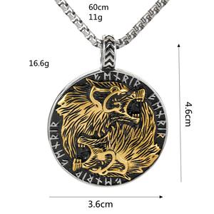 Double Wolf Head Pendant <b>Titanium</b> Steel Men's Necklace Gold Color Asymmetrical Animal Design Everyday Wear Fine Pendants - Product Image 5