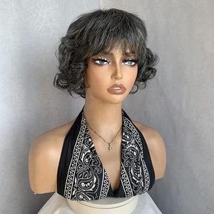 Perruque <span class=keywords><strong>courte</strong></span> bouclée crépue noire et grise pour femmes, style bob ondulé naturel, <span class=keywords><strong>coupe</strong></span> pixie, en cheveux humains fabriquée à la machine pour femmes noires - Product Image 3